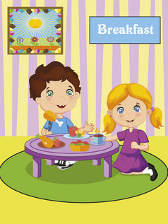 可爱的小男孩和女孩有早餐向量插图可爱的小男孩和女孩有早餐向量插图
