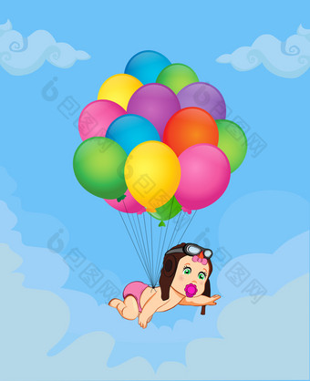 它的女孩卡通向量插图与可爱的婴儿飞行员他下降下来群氦气球蓝色的多云的天空背景婴儿淋浴问候卡新生儿婴儿到来概念婴儿女孩下降下来群氦气球天空