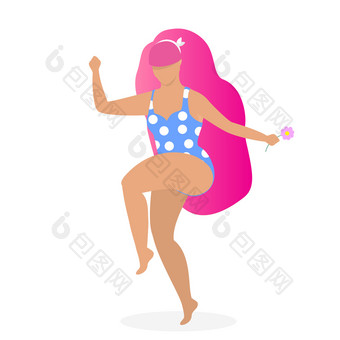 美丽的女孩与长粉红色的头发穿着可爱的泳装持有花手孤立的白色背景快乐身体积极的概念有吸引力的超重女人卡通平插图美丽的快乐女孩与长粉红色的头发跳舞