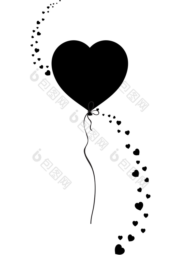 黑色的轮廓心形状的氦气球和五彩纸屑波孤立的白色背景插图图标标志剪辑艺术黑色的轮廓心形状的氦气球和五彩纸屑