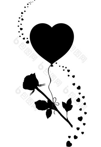 黑色的轮廓玫瑰花飞行心气球与五彩纸屑波孤立的<strong>白色</strong>背景单色插图象征标志剪辑艺术为爱<strong>情人节</strong>rsquo约会设计黑色的轮廓玫瑰花飞行心气球与与