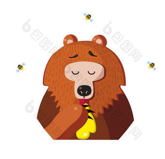 可爱的<strong>卡通熊</strong>字符吃蜂蜜从爪子和蜜蜂飞行周围孤立的白色背景插图剪辑艺术图标标志贴纸有趣的<strong>熊</strong>吃蜂蜜从爪子白色背景
