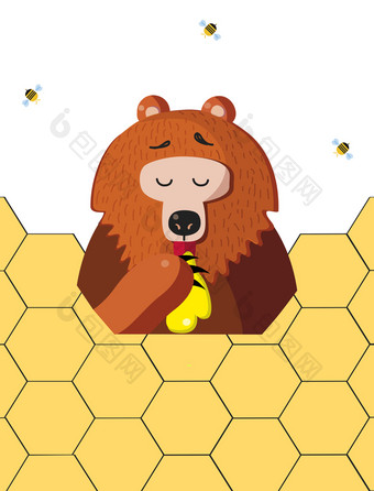 可爱的卡通熊字符吃蜂蜜从爪子和蜜蜂飞行周围孤立的蜂窝背景插图剪辑艺术图标标志贴纸有趣的熊吃蜂蜜从爪子蜂窝背景