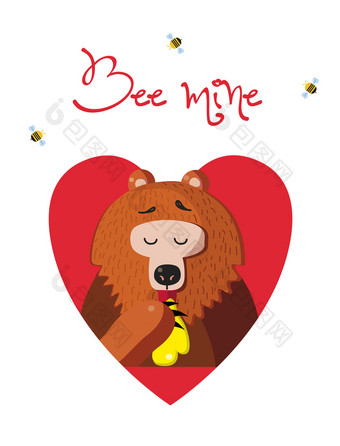 蜜蜂我的情人节问候卡可爱的<strong>卡通熊</strong>插图字符吃蜂蜜内部红色的心和蜜蜂周围孤立的白色背景情人节一天节日明信片蜜蜂我的问候卡可爱的<strong>熊</strong>吃蜂蜜白色背景