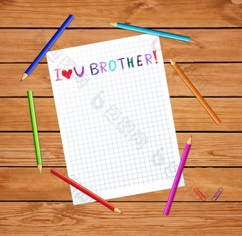 爱你哥哥孩子们手画登记笔记本表木表格与彩色的铅笔问候卡为最好的朋友模板照片框架边境与复制空间插图爱你哥哥孩子们登记笔记本表
