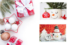 圣诞节横幅圣诞节球分支机构盒子与礼物和圣诞节卡片白色表格复制空间