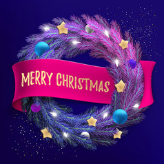 假期rsquo背景为快乐圣诞节问候卡与现实的色彩斑斓的花环松树分支机构装饰与圣诞节灯黄金星星雪花
