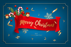 假期rsquo背景为快乐圣诞节和快乐新一年问候卡与现实的圣诞节球糖果拐杖红色的浆果