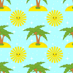 色彩斑斓的无缝的模式太阳和棕榈树蓝色的背景简单的平向量插图为的设计纸壁纸织物包装纸涵盖了网络网站