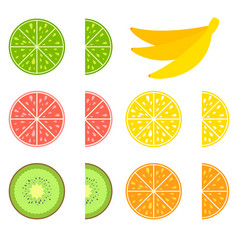 集彩色的孤立的半令人馋涎欲滴的水果多汁的明亮的美味的热带食物石灰柠檬葡萄柚橙色猕猴桃群香蕉简单的平向量插图
