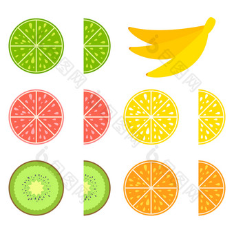 集彩色的孤立的半令人馋涎<strong>欲滴</strong>的水果多汁的明亮的美味的热带食物石灰柠檬葡萄柚橙色猕猴桃群香蕉简单的平向量插图