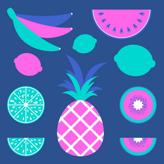 集彩色的孤立的美味的水果蓝色的背景摘要不寻常的画简单的平向量插图合适的为设计包明信片广告