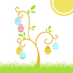 集可爱的彩色的孤立的复活节鸡蛋挂树白色背景与摘要条纹模式简单的平向量插图合适的为装饰明信片广告