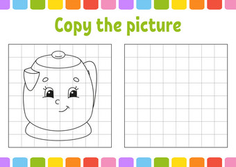 复制的<strong>图片</strong>厨房<strong>水壶</strong>着色书页面为孩子们教育发展中工作表游戏为孩子们笔迹实践有趣的字符可爱的卡通向量插图