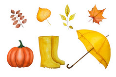 美丽的水彩画伞和其他的事情那你需要的秋天特写镜头前视图人美丽的水彩画伞和其他的事情