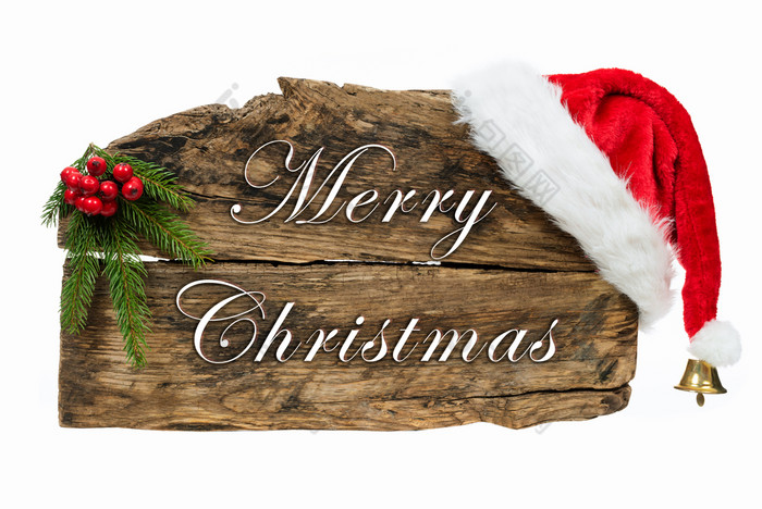圣诞节装饰老木董事会标志与圣诞老人他和云杉嫩枝白色背景