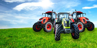 农业广告横幅集团新和现代通用的拖拉机绿色草地阳光明媚的一天混合