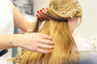 专业服务的美容沙龙年轻的女人与美丽的金发女郎头发有使发型为婚礼聚会，派对