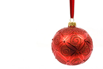 完美的和<strong>理想</strong>的红色的玻璃圣诞节球挂红色的丝带白色背景特写镜头