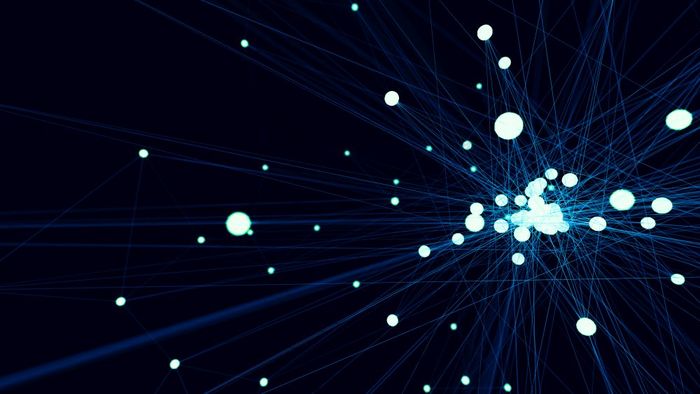 摘要蓝色的未来主义的技术网络节点电缆数据行传输链接和沟通结构概念神经元和电子主题元素插图