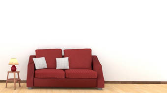 现代室内设计生活房间与红色的沙发木地板上白色垫子和灯木表格元素首页和生活概念生活方式主题插图呈现