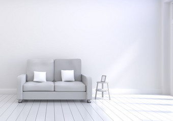 现代室内设计生活房间与灰色沙发与白色和木光滑的地板上和照片框架白色垫子元素首页和生活概念生活方式主题插图呈现
