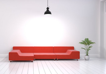 现代室内设计生活房间与红色的沙发和植物能白色光滑的木地板上转挂灯墙首页和生活概念生活方式主题插图呈现