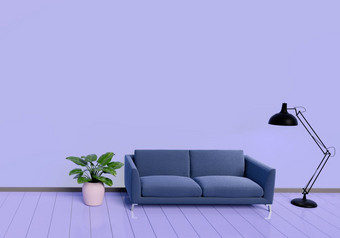 现代室内设计紫色的生活房间与沙发植物能白色光滑的木地板上灯元素首页和生活概念生活方式主题插图呈现