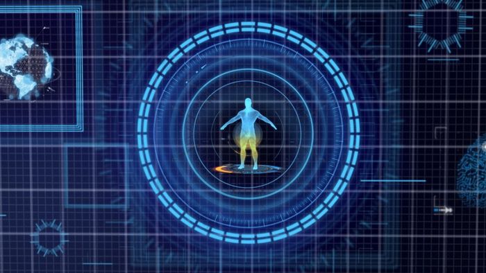 未来主义的蓝色的胡德医学个人数据屏幕网格显示背景全息图人类身体和器官健康和业务技术概念数字转换插图呈现