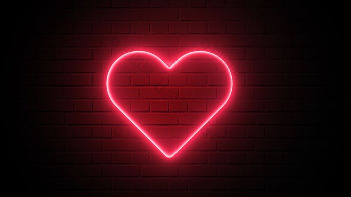 红色的心形状霓虹灯光黑暗墙Backgorund摘要和装饰概念快乐情人节一天元素标志和象征电光发光横幅插图渲染镜头视频