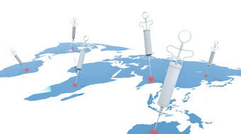 白色疫苗注射器注射蓝色的在世界范围内国际地图人类皮肤背景医疗和健康概念病毒免疫力疫苗交付和<strong>分布</strong>概念插图