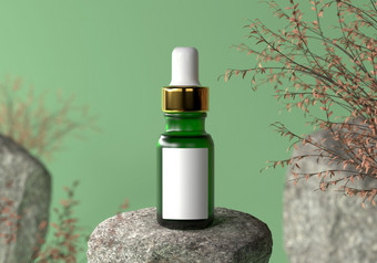绿色血清瓶与黄金帽和白色空白标签为广告文本和标志自然岩石和干植物春天秋天背景产品化妆品概念插图呈现