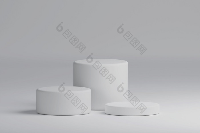 三个白色油缸产品阶段讲台上背景最小的时尚主题几何概念展览和业务市场营销演讲阶段插图呈现图形设计