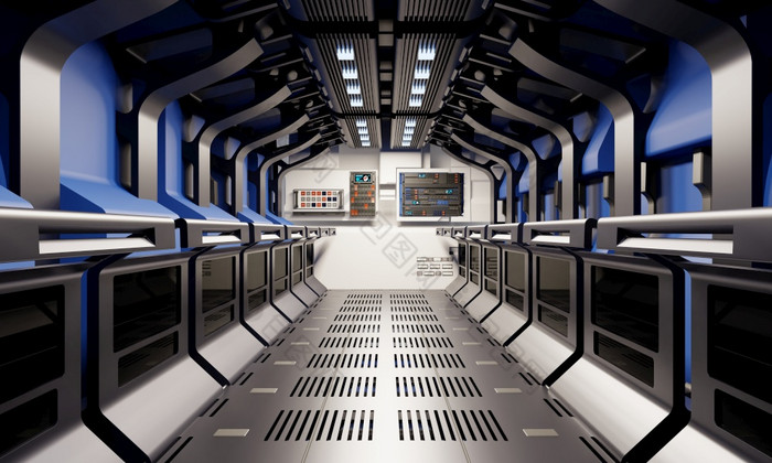 宇宙飞船走廊和秘密地下室走廊室内与蓝色的和银灰色颜色背景现代技术和占星术科学概念插图呈现图形设计