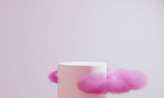 粉红色的油缸产品讲台上与毛茸茸的云与复制空间背景摘要和极简主义概念插图呈现