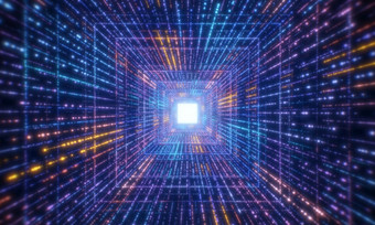 数字发光的粒子隧道网络摘要背景未来主义的技术和电脑大数据概念网络空间和赛博朋克主题插图呈现图形设计