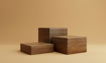 三个棕色（的）木矩形多维数据集产品阶段讲台上橙色背景最小的时尚主题几何展览阶段模型概念插图呈现图形设计