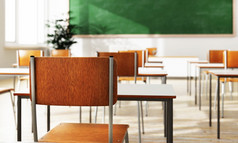 特写镜头学生椅子回来座位和桌子上教室背景与木地板上教育和回来学校概念体系结构室内社会距离主题插图呈现