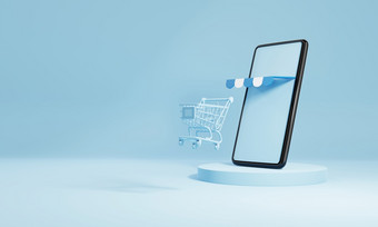 智能手机与购物车和空白空屏幕蓝色的阶段背景在线购物交付业务电子商务商店和社会媒体应用程序概念插图呈现
