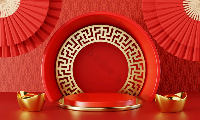 中国人新一年红色的讲台上阶段与黄金锭和hand-folded风扇背景中国人模式风格中间与产品演讲展览显示背景插图呈现