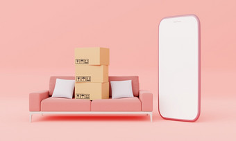 纸板盒子与孤立的白色屏幕智能手机与生活房间沙发家具装饰模型粉红色的柔和的背景业务交付购物在线概念插图呈现
