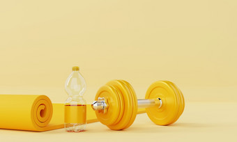 体育运动健身集与瑜伽席喝水瓶和哑铃柔和的黄色的背景健身和体育运动概念纯色插图呈现