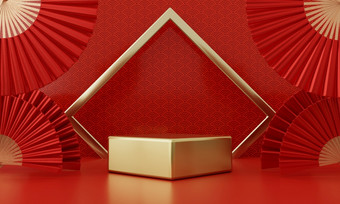 中国人新一年红色的现代风格一个讲台上产品展示与金环框架日本风格模式背景快乐假期传统的节日概念插图呈现
