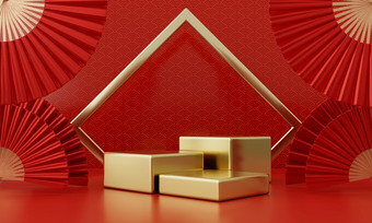 中国人新一年红色的现代风格三个讲台上<strong>产品展示</strong>与金环框架日本风格模式背景快乐假期传统的节日概念插图呈现