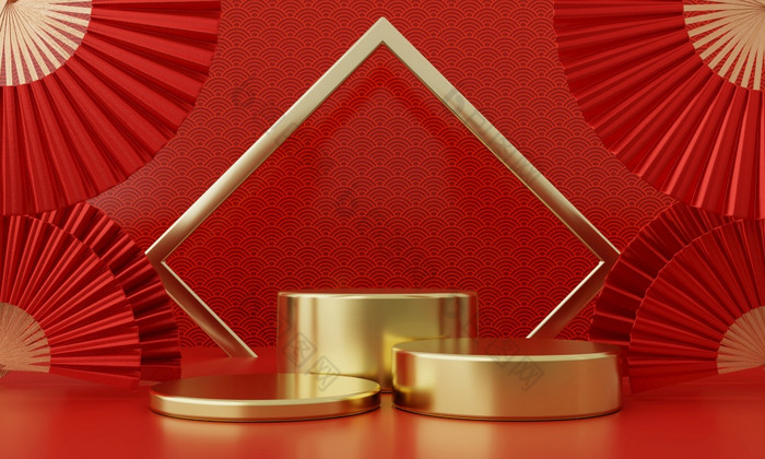 中国人新一年红色的现代风格三个讲台上产品展示与金环框架日本风格模式背景快乐假期传统的节日概念插图呈现