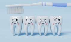 健康的情感牙齿与牙刷蓝色的背景牙科和健康哪概念插图呈现