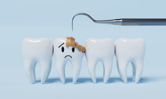 不健康的情感牙齿与牙刷蓝色的背景牙科和健康哪概念插图呈现