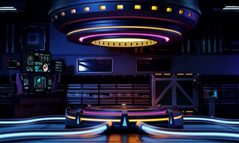 赛博朋克<strong>科幻</strong>产品讲台上展示宇宙<strong>飞船</strong>与黄色的蓝色的紫色的和粉红色的背景技术和对象概念插图呈现