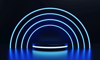 现代轮产品展示科幻讲台上与蓝色的发光的光霓虹灯环框架背景技术和对象概念插图呈现