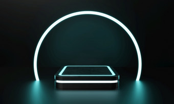 现代产品展示科幻讲台上与蓝绿色和白色发光的光霓虹灯背景技术和对象概念插图呈现